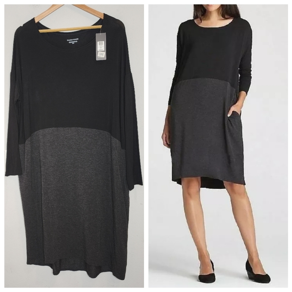 NWT Eileen Fisher Ballet Neck L/S Knee Length Viscose Jersey Dress M oversized.